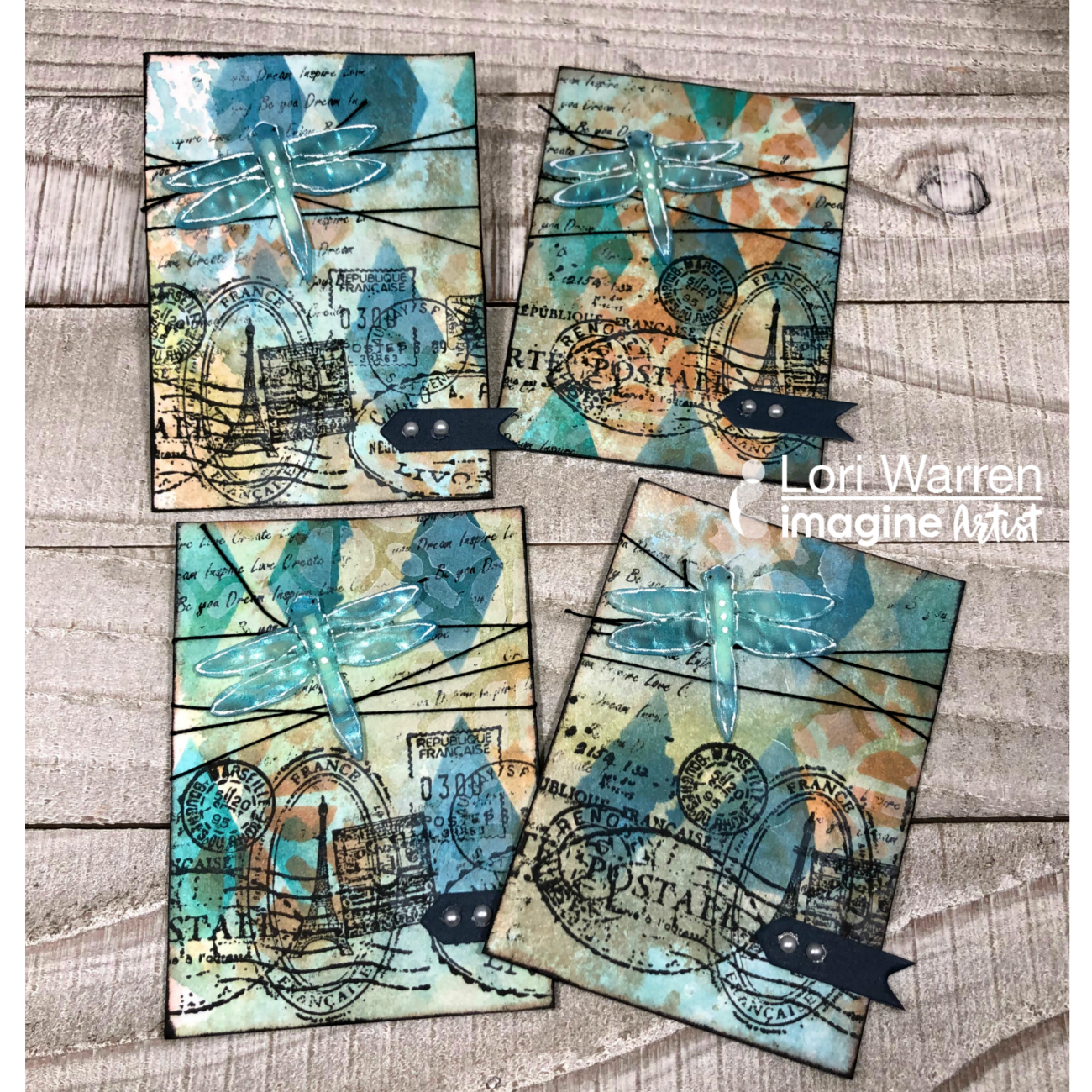 Artist trading cards featuring dragonflies made out of Vertigo crafting sheets.